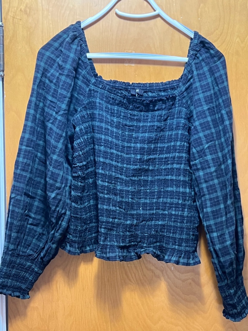 Madewell Dark Green and Black Smocked Plaid Peasant Top - Picture 2 of 8